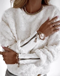 Female Clothing T-Shirts Pullover Tops Floral Pattern Fuzzy Zipper Design Top 2023 Autumn Winter Spring New Fashion Casual