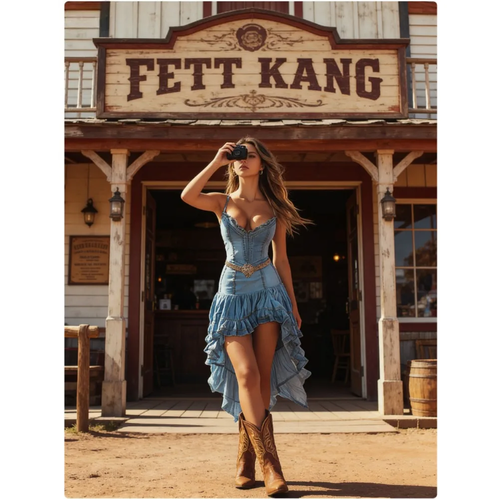 

European Size Women's Vintage Western Cowgirl Ruffle Skirt Midi Dress, Retro Countryside Hippie Style, Clubwear, Party Costume