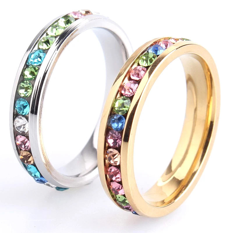 4mm gold and silver color single row multicolour crystal 316L Stainless Steel finger rings for men women wholesale