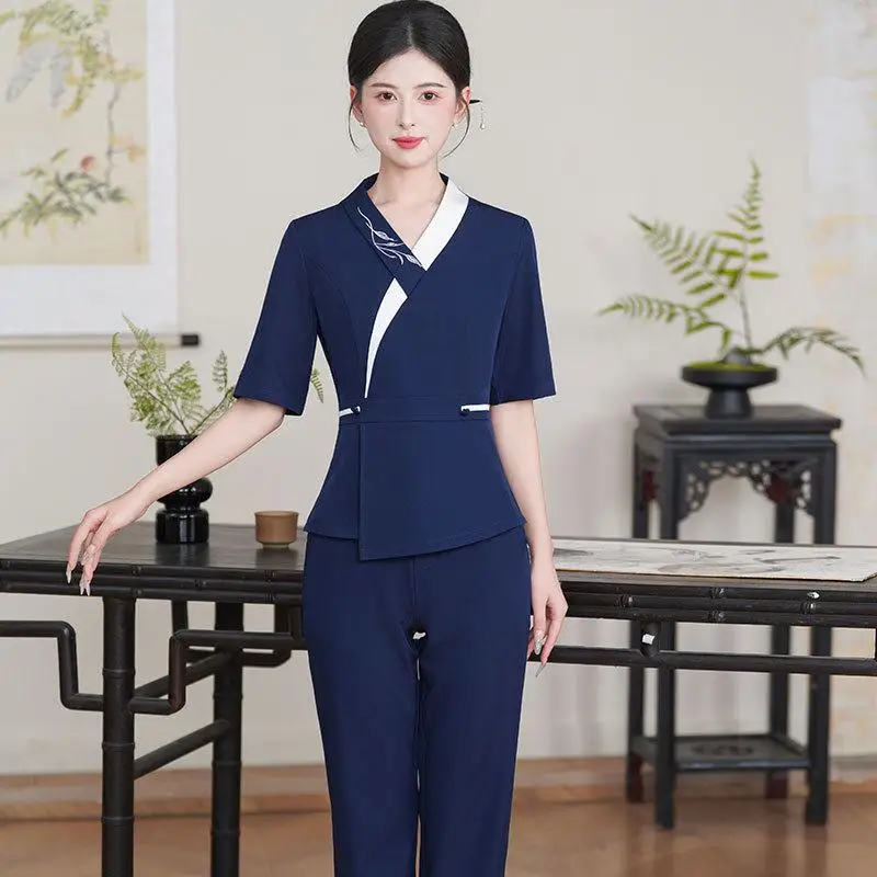 Foot Massage Technician Uniform With Printed Logo Hotel Waiter Beauty Hairdressing Spa Sauna Work Suit Set Short Sleeved Pants