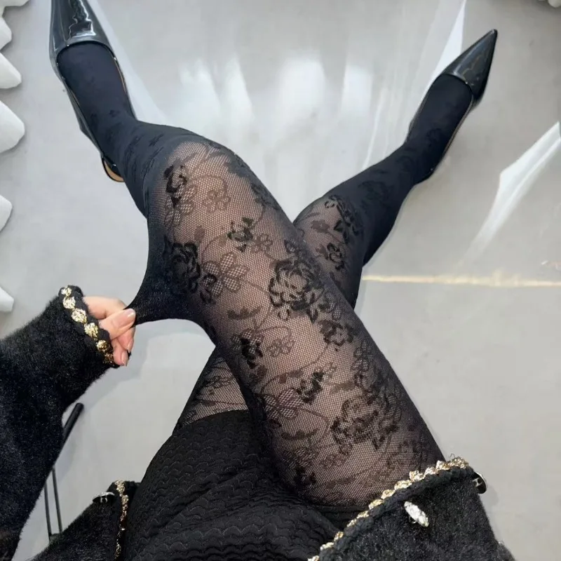Vintage Gothic Lace Hollow Out Tights Black Velvet Rose Stockings for Women Y2K Grunge Punk Hosiery Retro Dark Net Pantyhose