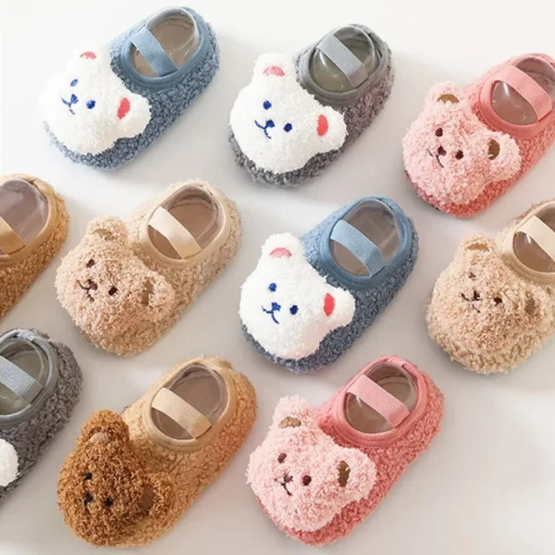 Cartoon Bear Baby Shoes Winter Thick Warm Newborn Shoes Non-slip Soled Soft Plush Toddler Kids Boy Girls Infant First Walkers