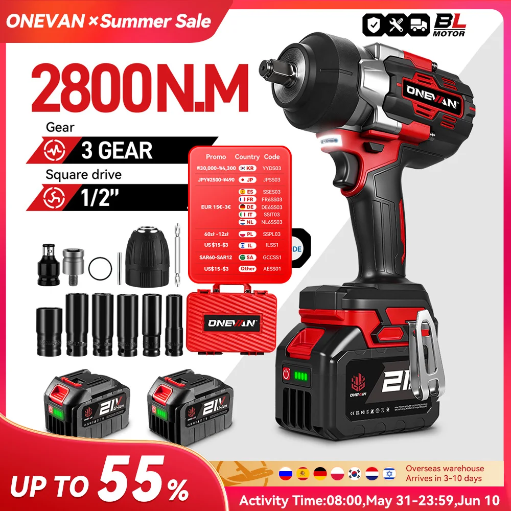 ONEVAN 2800N.M 2800W clé à chocs électrique sans brosse 1/2 pouces clé sans fil tournevis outil électrique pour Makita 18V batterie broche