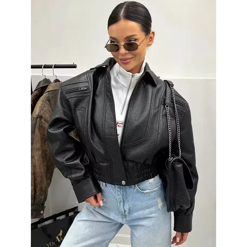 BKQU Vintage Street Women's Faux Leather Jacket Lapel Zipper Pocket Loose Black Cropped Bomber Jackets Moto Biker Outwear