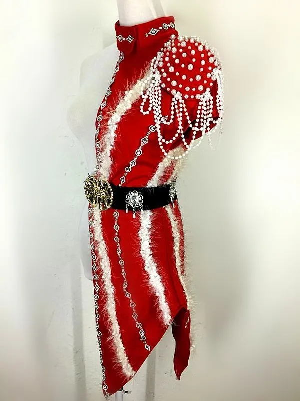 Novedad, traje de escenario de Jazz para mujer, vestido individual con cuentas negras y rojas, traje de actuación para equipos de baile, club nocturno, Bar, DJ, ropa de cantante