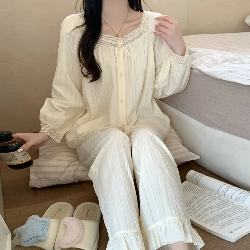 

Женская домашняя одежда во французском стиле, весенне-осенняя хлопково-марлевая пижама с длинными рукавами и квадратным воротником, кружевные свободные брюки, комплекты из 2 предметов