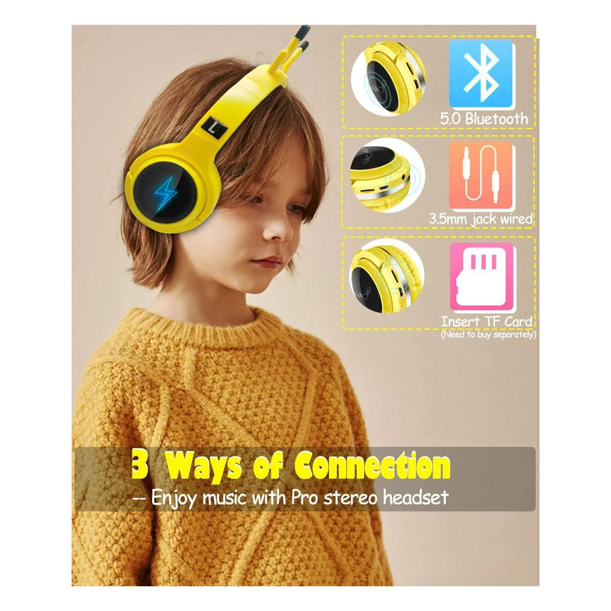 Kids Wireless Bluetooth Headphones, Cute Over Ear Headphones with Microphone, Wireless Headset for PC, Laptop, Tablets