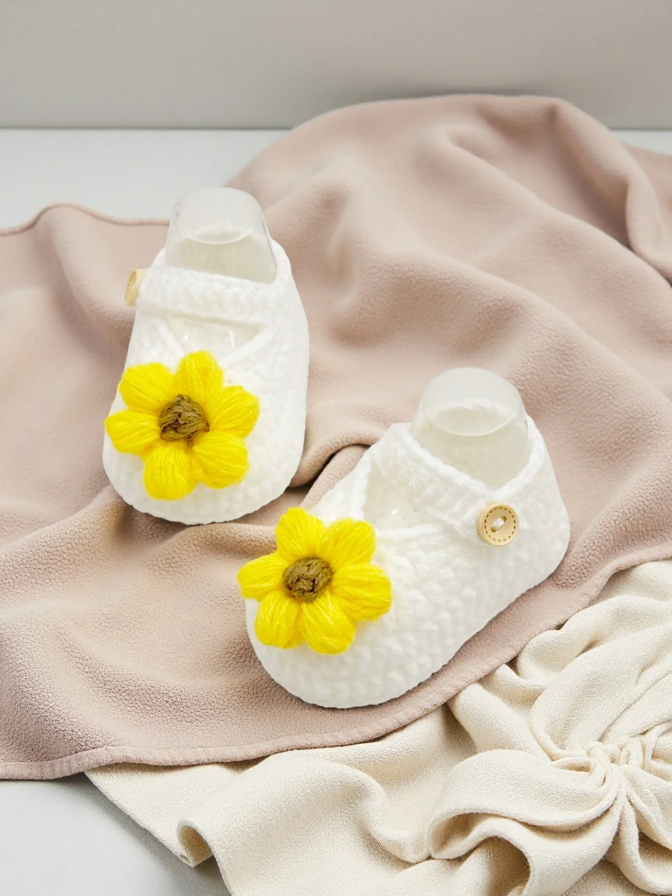 

1 pair Baby Baptism Shoes, White Lace Booties with Yellow Flower, Soft Sole Infant Ballet Slippers