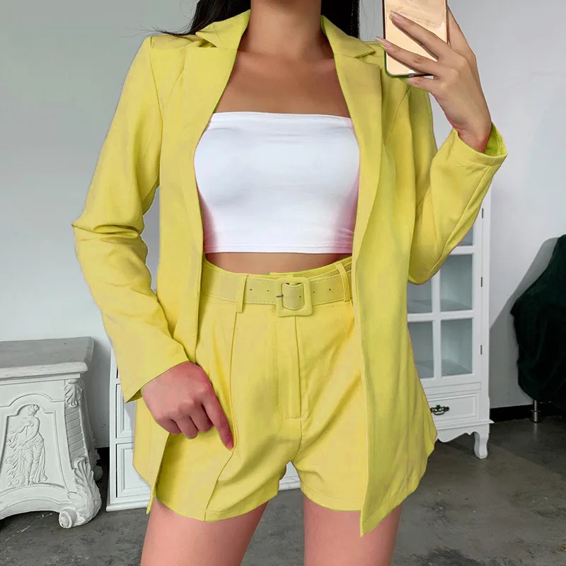 Women Work Office Business Casual Blazer Shorts Set Lady Fashion Long Sleeve Blazer Shorts Pants Two Piece Set Business Suits