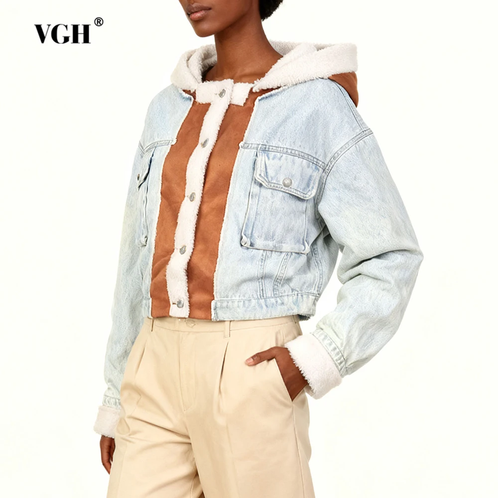 

VGH Casual Confortable Warm Slimming Jackets For Women Hooded Long Sleeve Spliced Pockets Autumn Temperament Jacket Female New