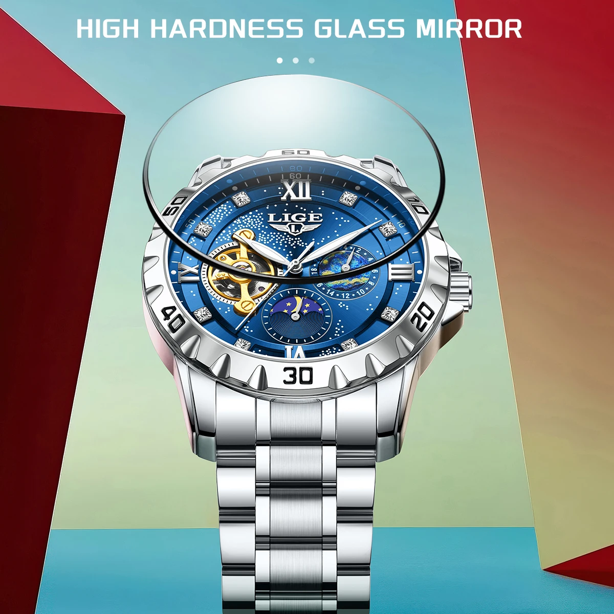 LIGE Business Men Mechanical Watches Automatic Moon Phase Man Wristwatch Hollow Tourbillon Stainless Steel Men's Watches+BOX