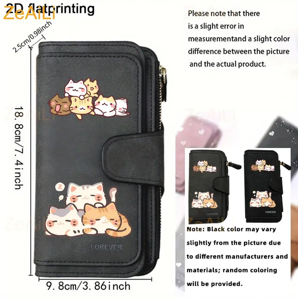 Cute Cat Themed Print Women Girls Long Wallet Buckle Handbags Purse Soft PU Multi-Card Holder Large Capacity Bag