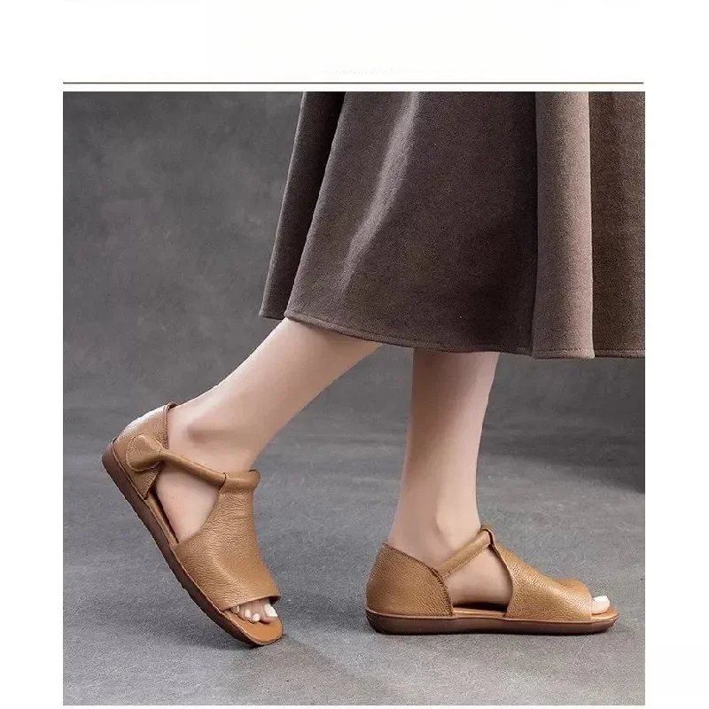 

Women's Retro Handmade Flat Sandals, Open Toe T-Strap Comfortable Sandals, Vintage Style Daily Commuting Mom Shoes.