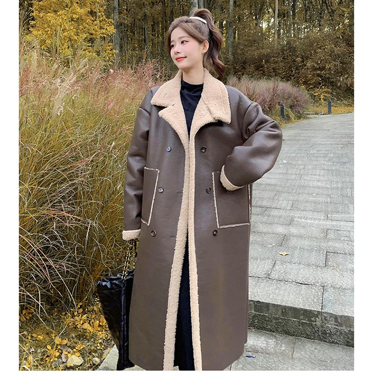 2023 Women Winter Coat Long Sleeve Lambswool Pu Leather Thick Long Coat Tops Warm Parkas Mujer Coat Casaco Feminino