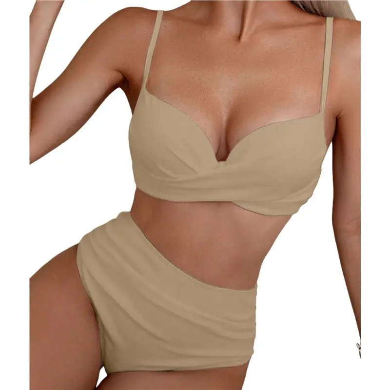 AS98-Damen 2-teiliges Bikini-Set mit Spaghettiträgern, hohem Beinausschnitt, Push-up und Bügel-Badeanzug