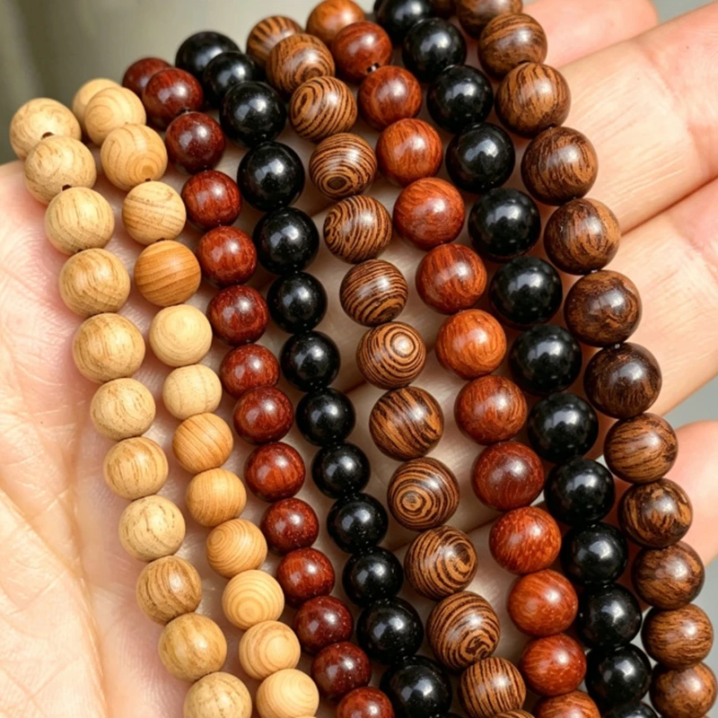Natürliche Holzperlen aus Goldseide und Sandelholz, runde Buddha-Perlen, verschiedene Größen für Schmuckherstellung, DIY-Halsketten, Armbänder, Zubehör, 6, 8, 10 mm – Detail 2
