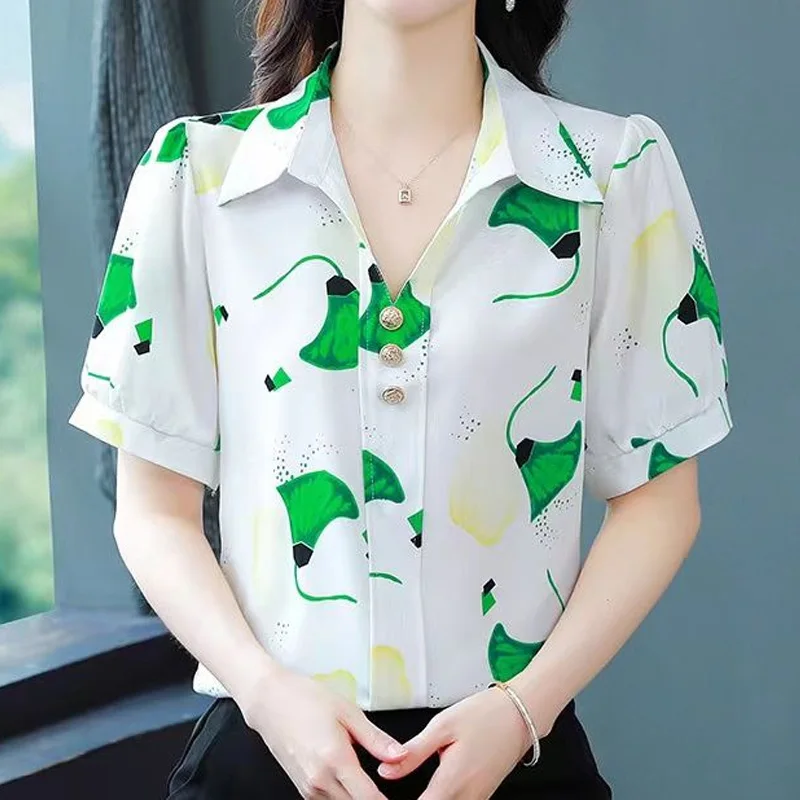 Odzież damska Polo Neck Printing Loose Blouse Summer New Short Sleeve Button All-match Temperament Shirt Tops Casual Vintage