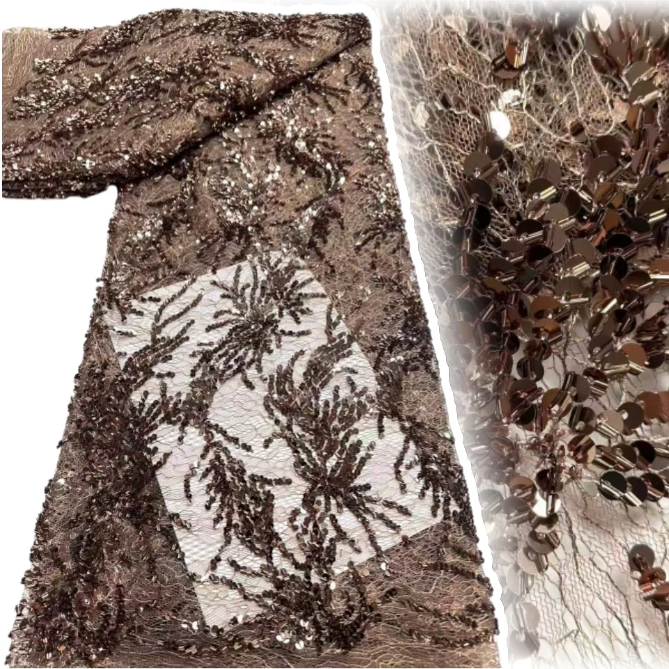 

African Brown Beaded Lace Fabric 5yards Luxury French Sequin Lace Nigeria Embroidery Tulle Lace for Wedding Wedding Dresses 2287