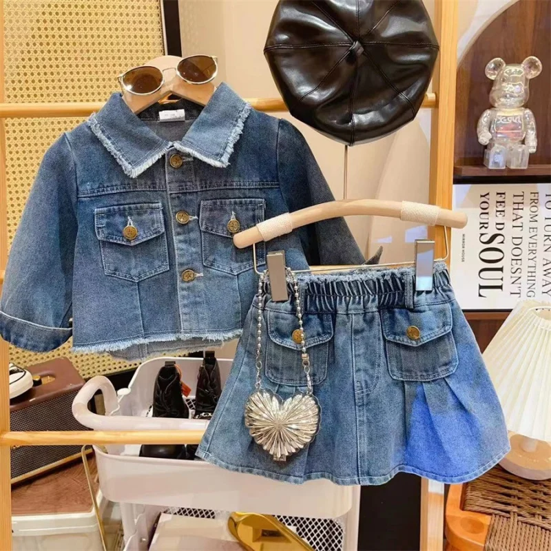 

New Baby Toddler Clothing Retro Denim Jacket Set2025Autumn Fashion Girls' Skirt Stylish Two-Piece Set