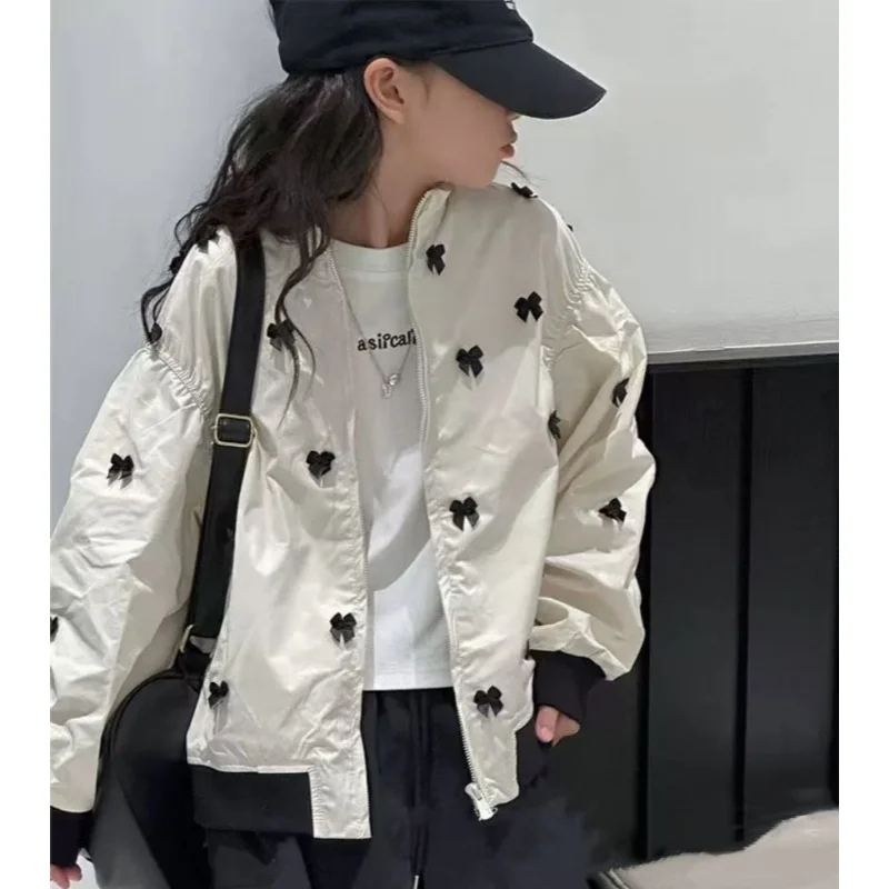 Teenage Girls' Jacket Spring and Autumn New Style Children's Casual Loose Bow Jacket Coat 4 6 8 10 12 15Y