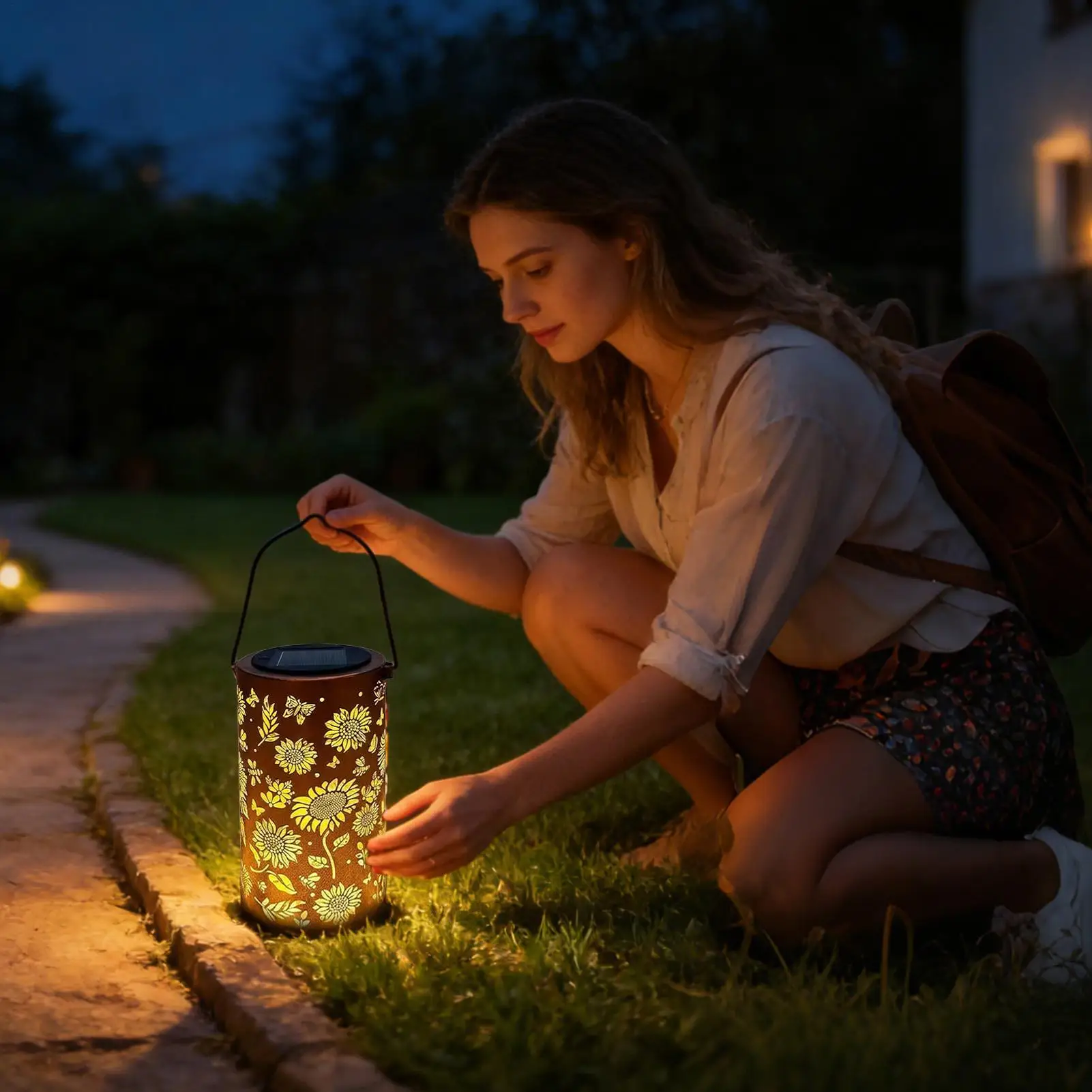Solar Garden Lantern Waterproof Vintage Hangable Lamp Solar-Powered Sunflower Lantern For Yard Backyard Porch Balcony Front Door