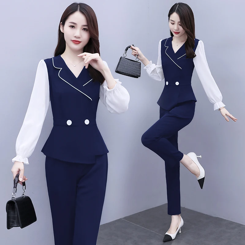 Elegant Patchwork Office Lady Pants Sets For Spring Autumn 2023 New Women Fashion Oversize Turn Collar Slim 2 Pieces Outfits