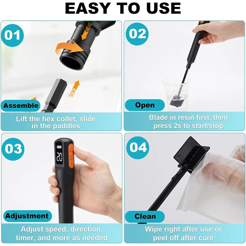 خلاط راتينج HHO، مع حامل قابل للتعديل - 3 سرعات ومؤقت ذكي لتقليل الفقاعات، أدوات خلط راتنجات الإيبوكسي مع 4 مجاذيف للاستخدام بنفسك #4