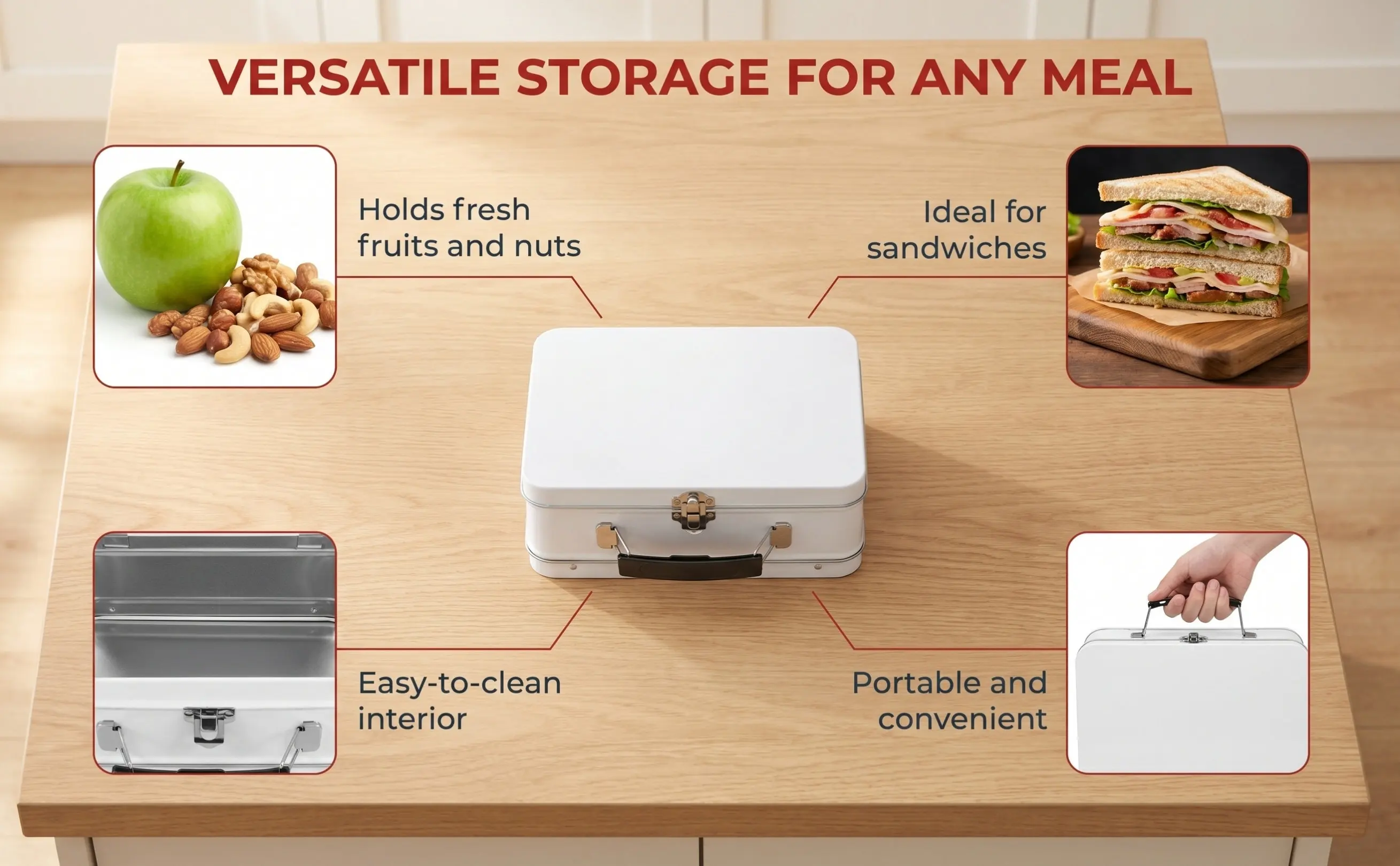 Sturdy Tinplate Metal Lunch Box Retro Hinged Lid Secure Latch Portable Bento Container for Family Picnics Hiking School Office