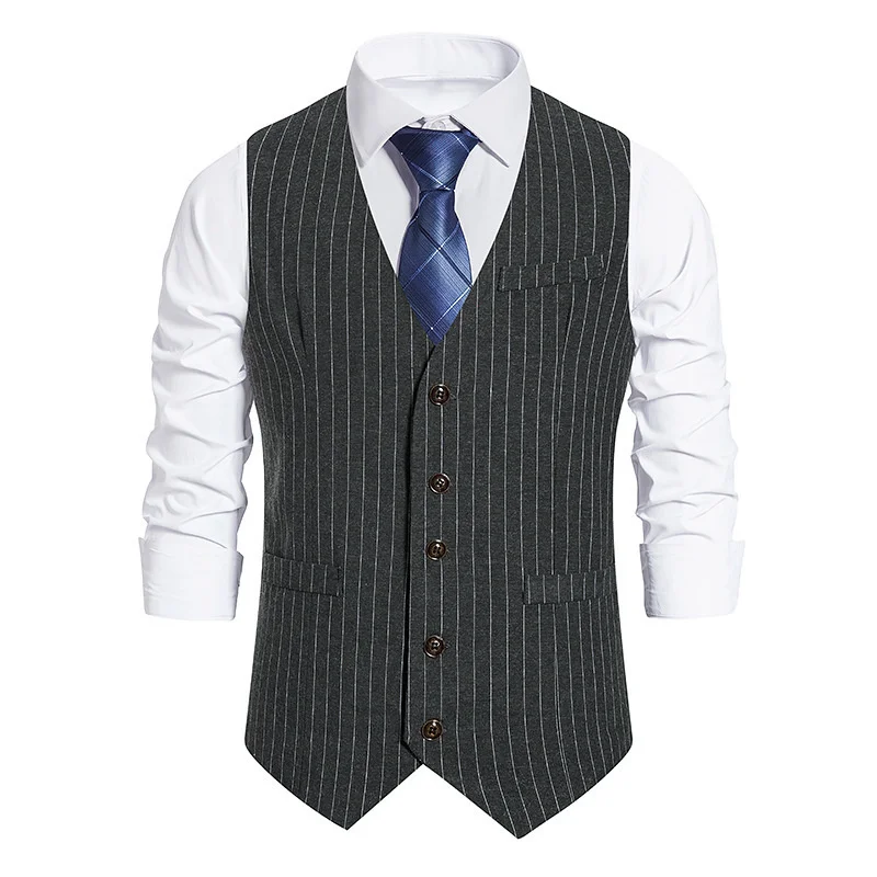 #4840 Vertrical Striped Vests Men V-neck Office Business Vests Single Breasted Vest Regular Fit Men\'s Vest Pockets Black Grey