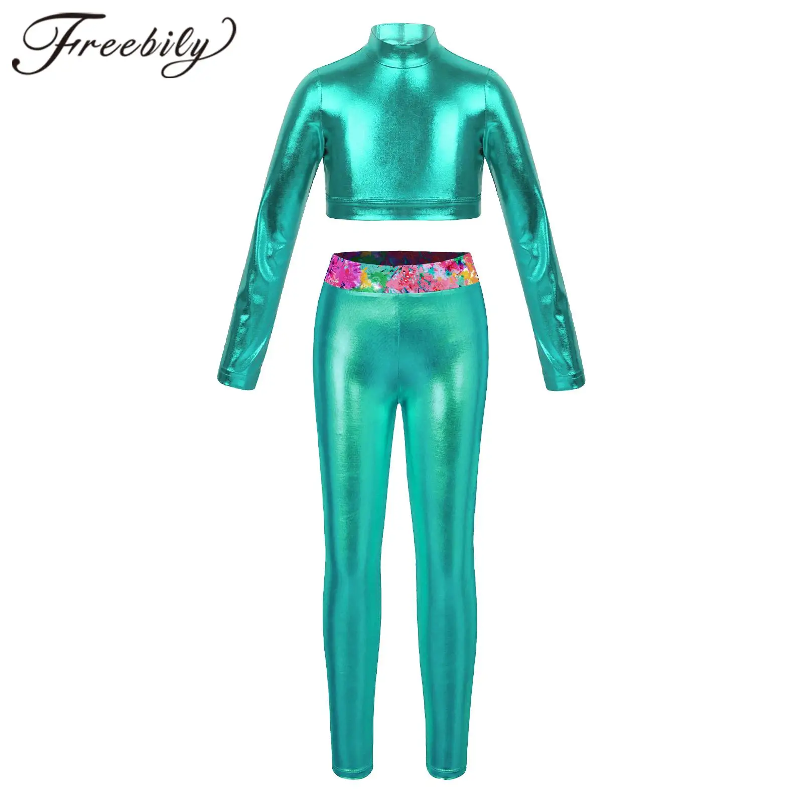 Children Hip Hop Jazz Ballet Dance Outfit Costume Kids Girls Long Sleeve Metallic Clothes Sets for Dancing Gymnastics Workout