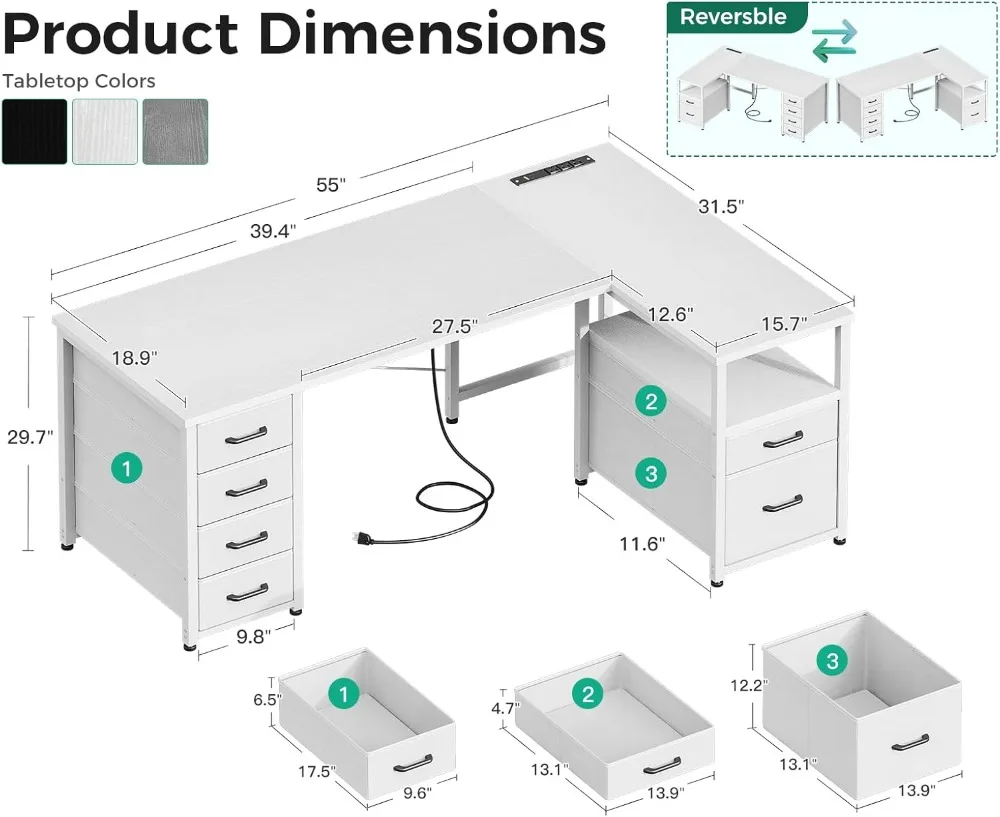 مكتب كمبيوتر على شكل حرف L مع 6 أدراج ومخرج طاقة، مكتب زاوية مقاس 55 بوصة مع رف تخزين قابل للعكس ودرج ملفات