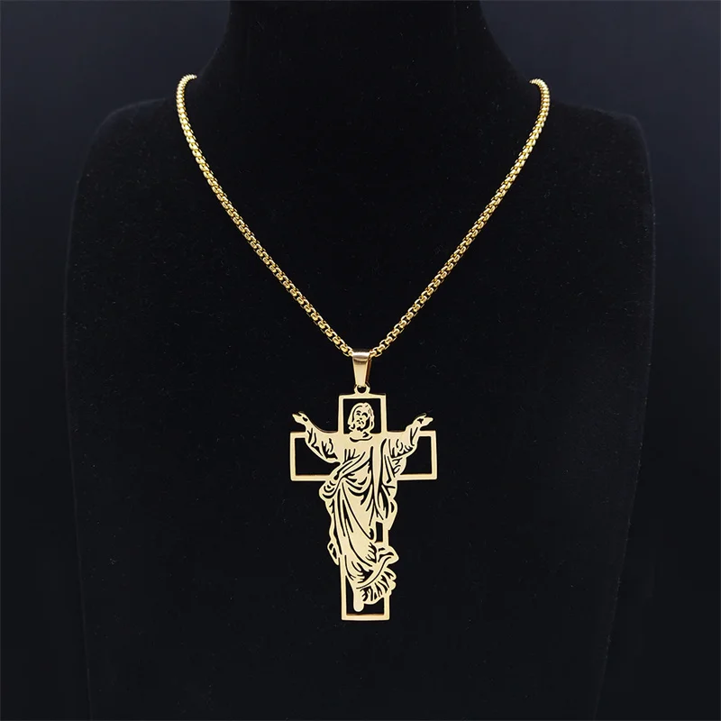 Jesus Cross Stainless Steel Pendant Necklace Gold Color for Women/Men Religious Christian Necklaces Jewelry collier N4573S02