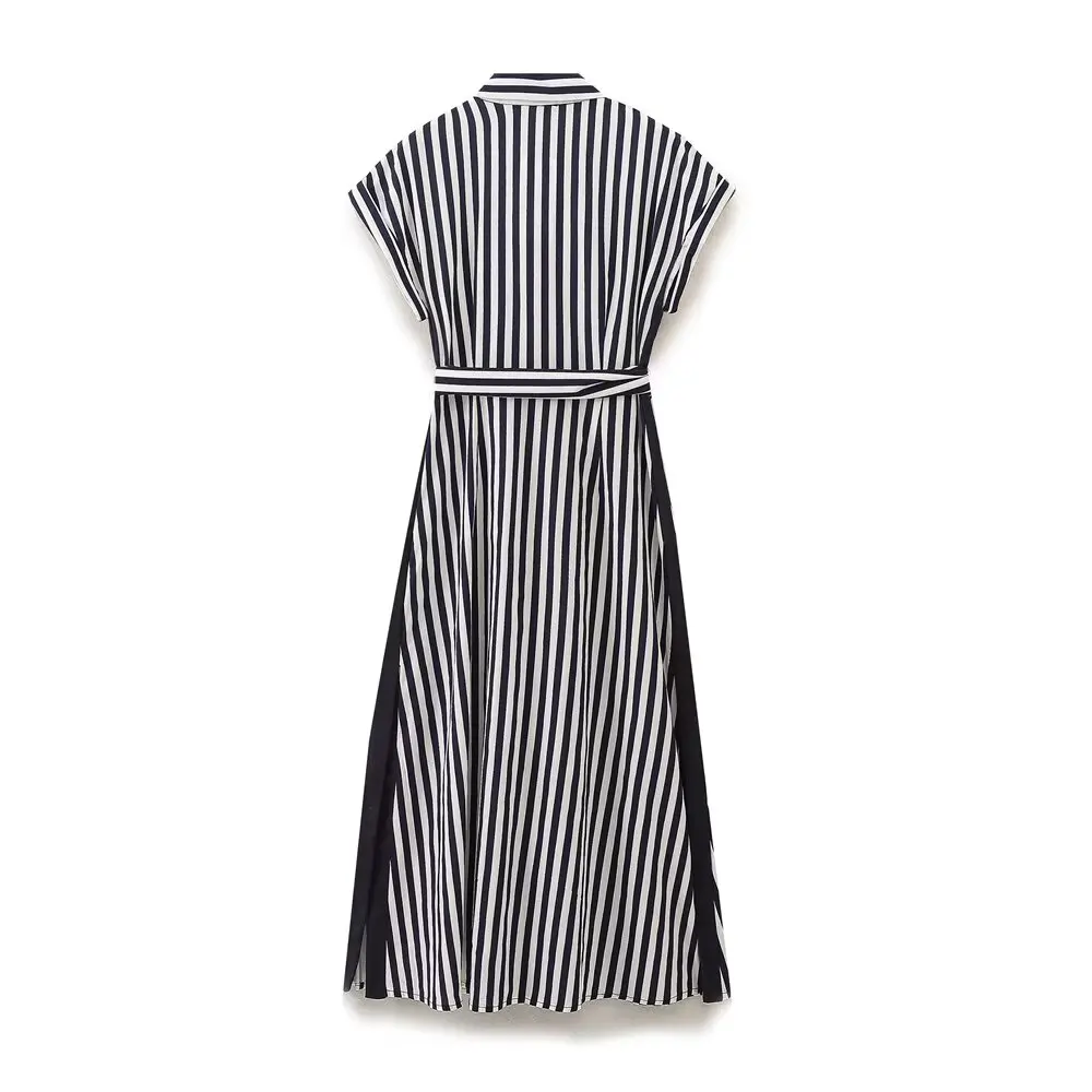 Withered Summer Dress Women French Minimalist Dress Women Striped Long Shirt With Belt Vestidos