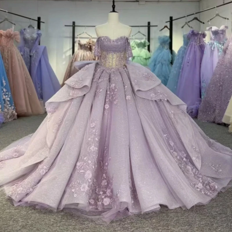

Lilac Shiny Off The Shoulder Ball Gown Quinceanera Dresses Appliques Lace Beading Bow Tull Sweet 16 Dress vestidos 15 Anos