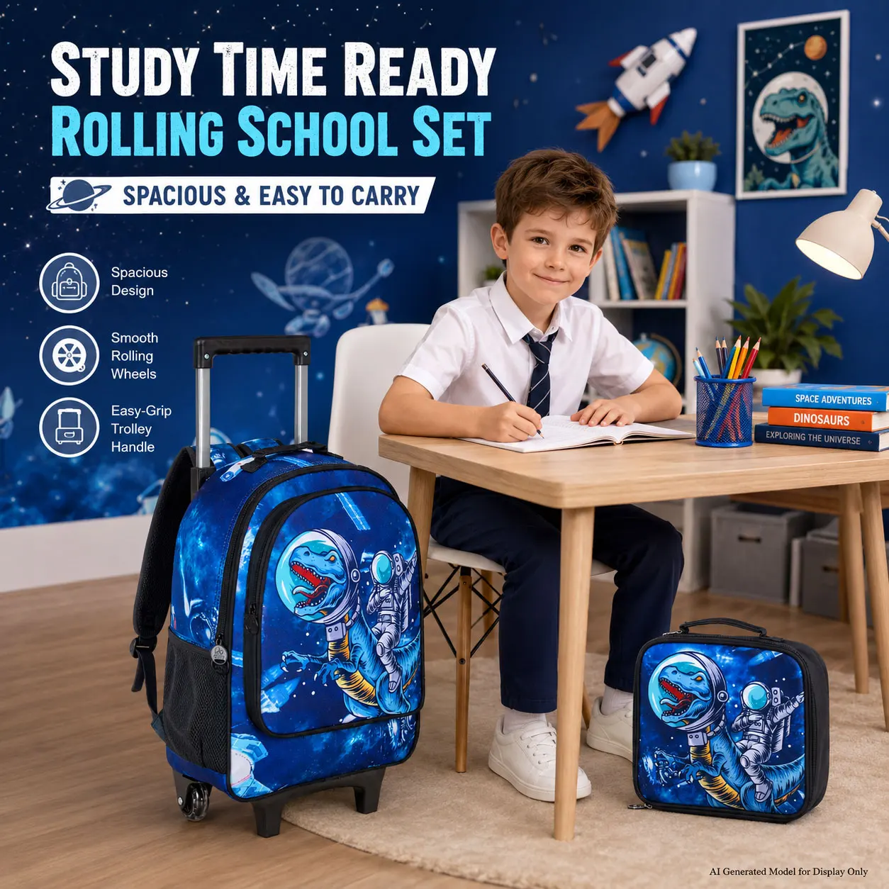 Kid's Backpack 3PCS, Space Dinosaur Rolling Backpack, Large Capacity Lightweight Set, One Backpack,One Handbag,One Pencil Case