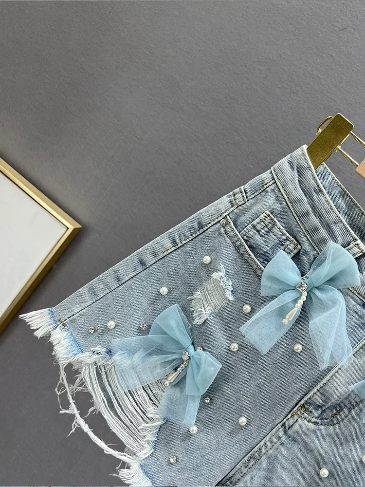 

High Waist Denim orts Women's Summer 2023 New Sle Diamond Embellied A-Line Wide Leg Hot Pants Torn Hole Jeans orts