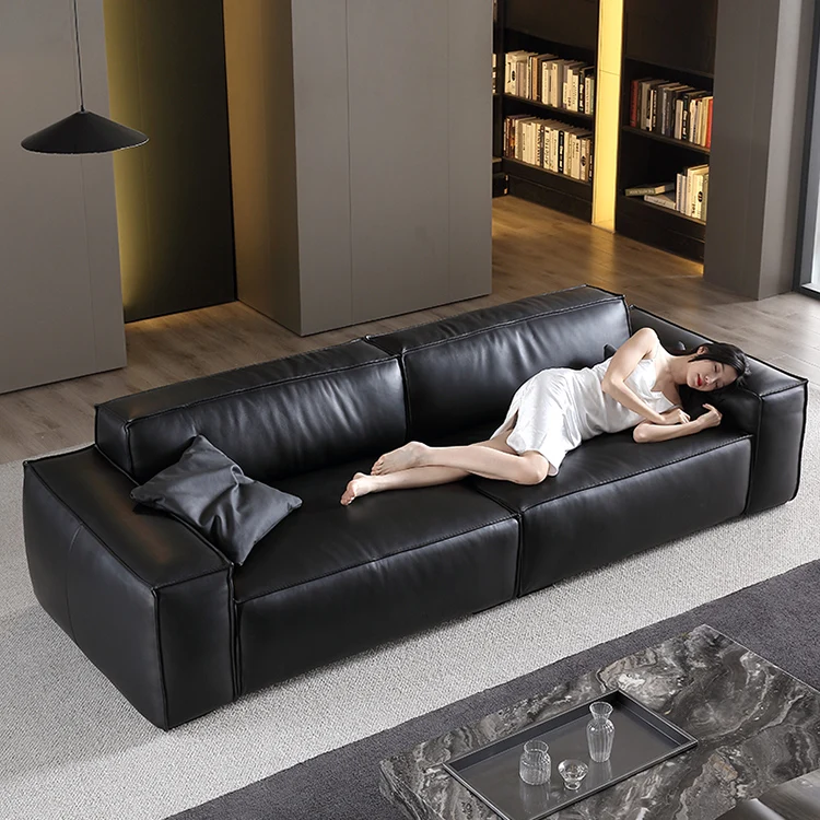

Minimalist Italian Luxury Black Sectional Big Faux Leather Sofa Couch Deep Wide Comfortable 3 Seater Sofa Set Furniture