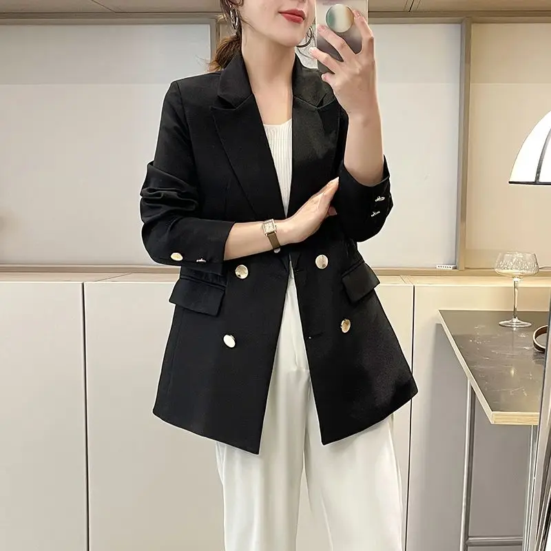 Blazer feminino elegante com seios duplos, jaqueta de manga comprida, monocromática, fina, casual, escritório, negócio, senhora, primavera, outono,