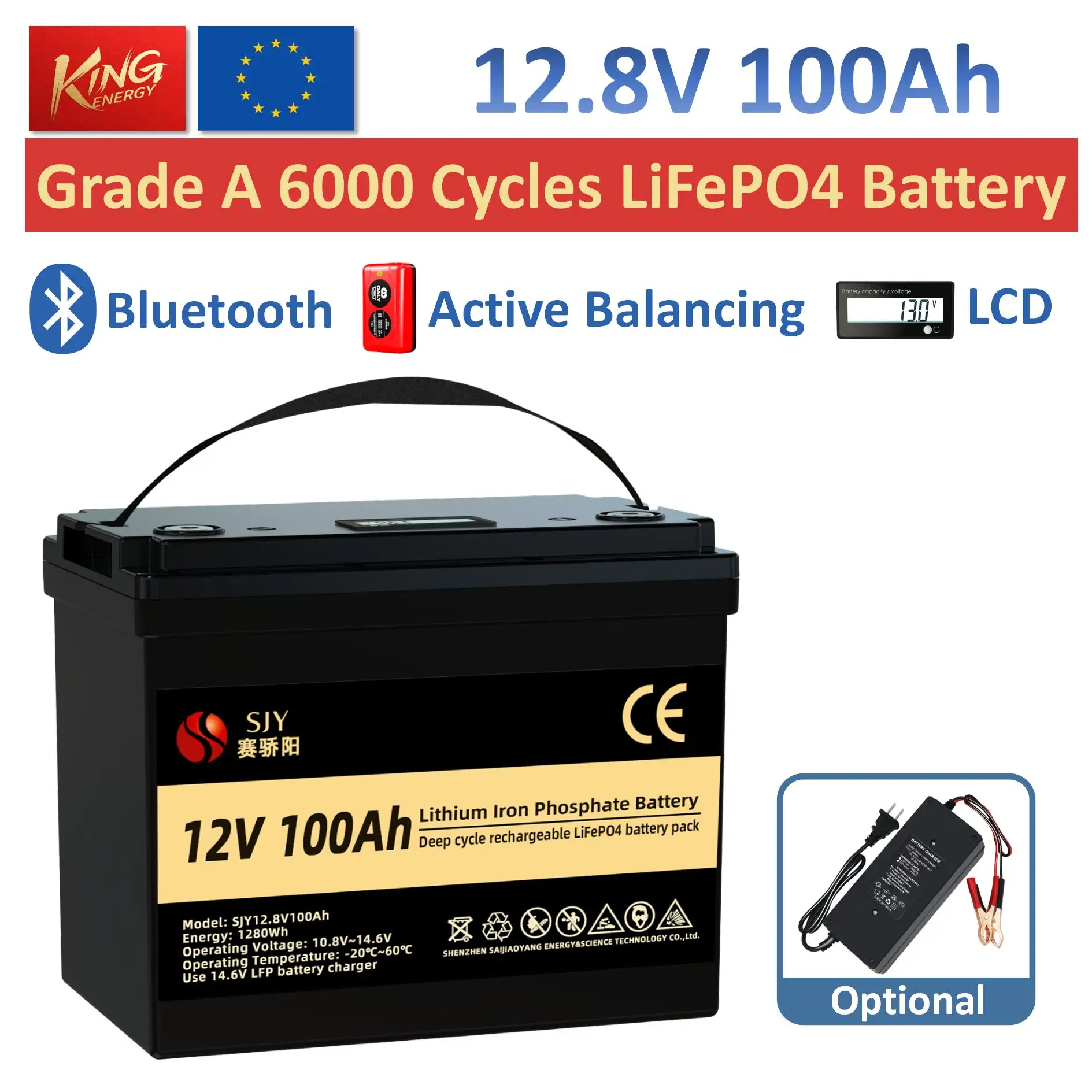 1280Wh LiFePO4 12V 100Ah Lithium Battery with Bluetooth and Active Equalization Function, 100A BMS Traction Battery, for Solar
