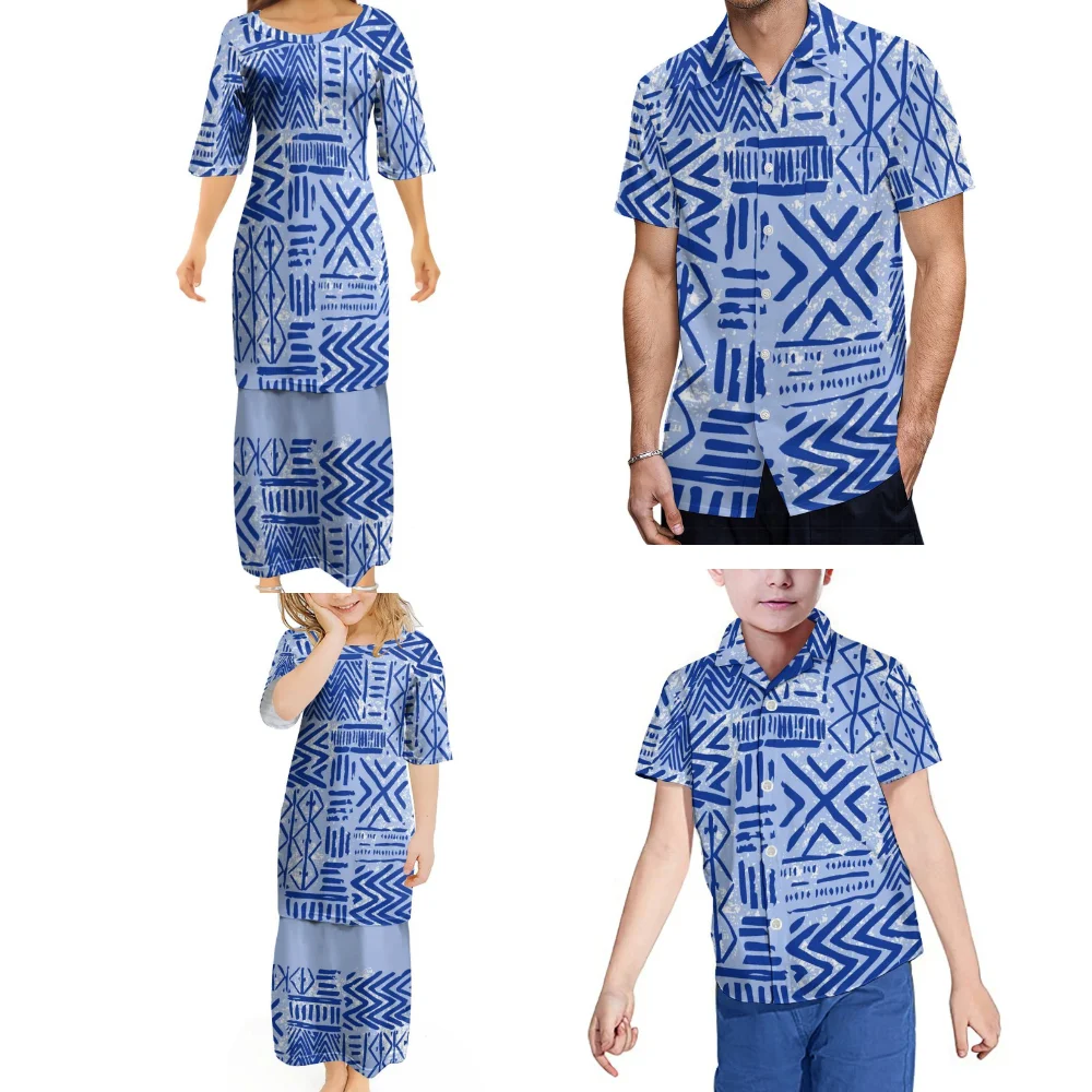 Samoan Familie Feest Set Polynesische Custom Puletasi Jurk Shirt Vader Moeder Zoon Dochter Custom Pacific Eiland Kleding