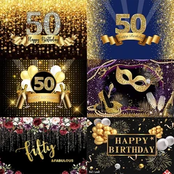 50years Photography Backdrop Happy 50th Birthday Golden Party Photo Decoration Background Custom Wall Balloon Man Woman Banner