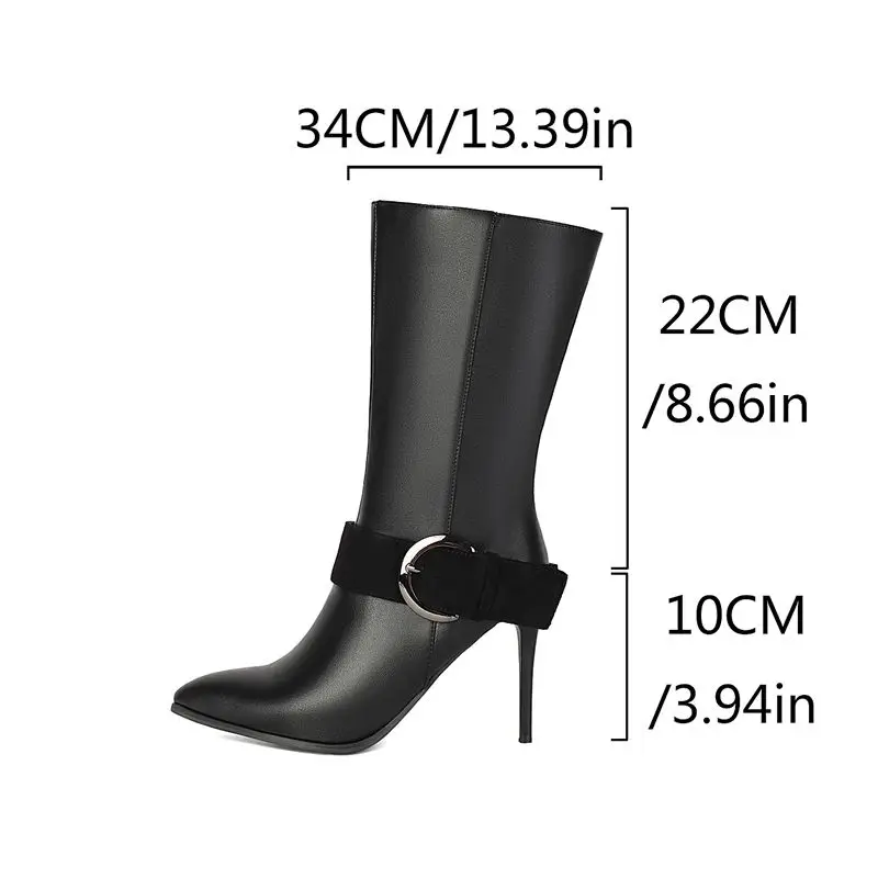 ORCHA LISA 2026 Sexy Women Mid Calf Boots Pointed Toe 10cm Stiletto Heel Zipper Belt Buckle Plus Size 44 45 46 Black Brown Botas