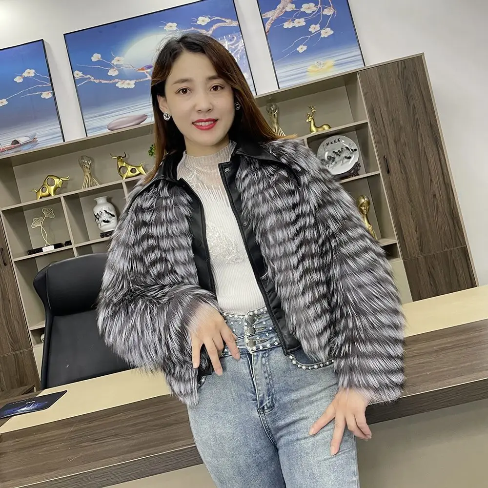 

Hot Selling Imported Silver Fox Fur Coat Fashion Women's Short Classic Cardigan 2023 New Autumn Winter Stripes Jacket