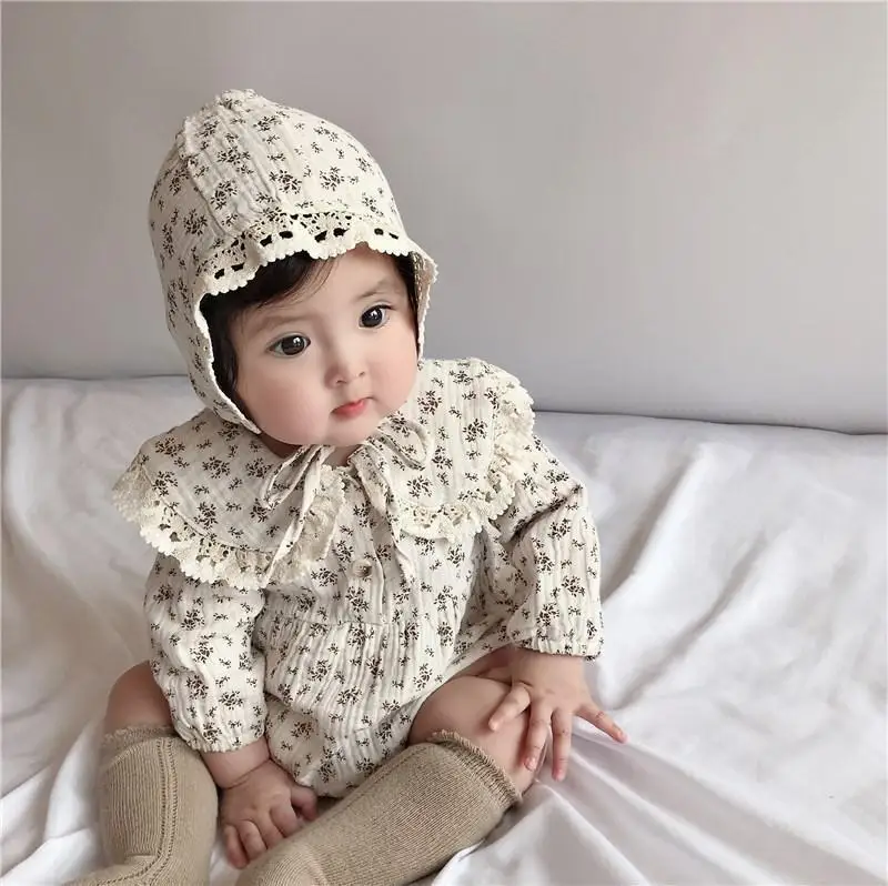Baby-Mädchen-Strampler mit Blumenmuster, Spitzen-Peter-Pan-Kragen, Langarm-Bubble-Body mit Haube, Weiches, Atmungsaktives Outfit für Frühling und Herbst – Detail 9