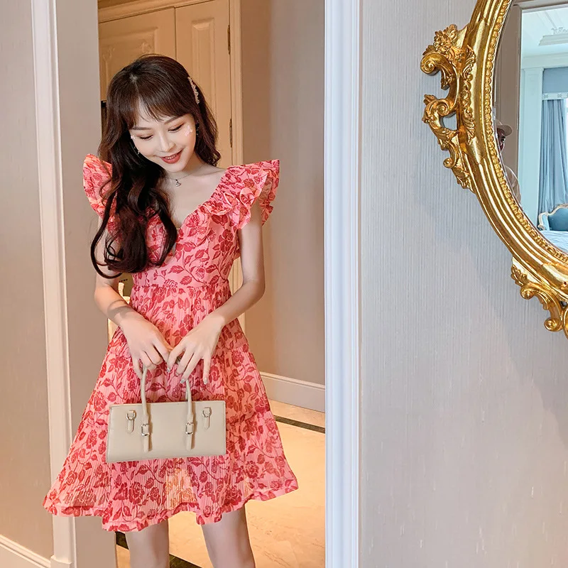 新しいフランス風セクシーでロマンチックなバラ柄の小花プリーツプリンセスドレス、ハイウエストで細見えのAラインドレス