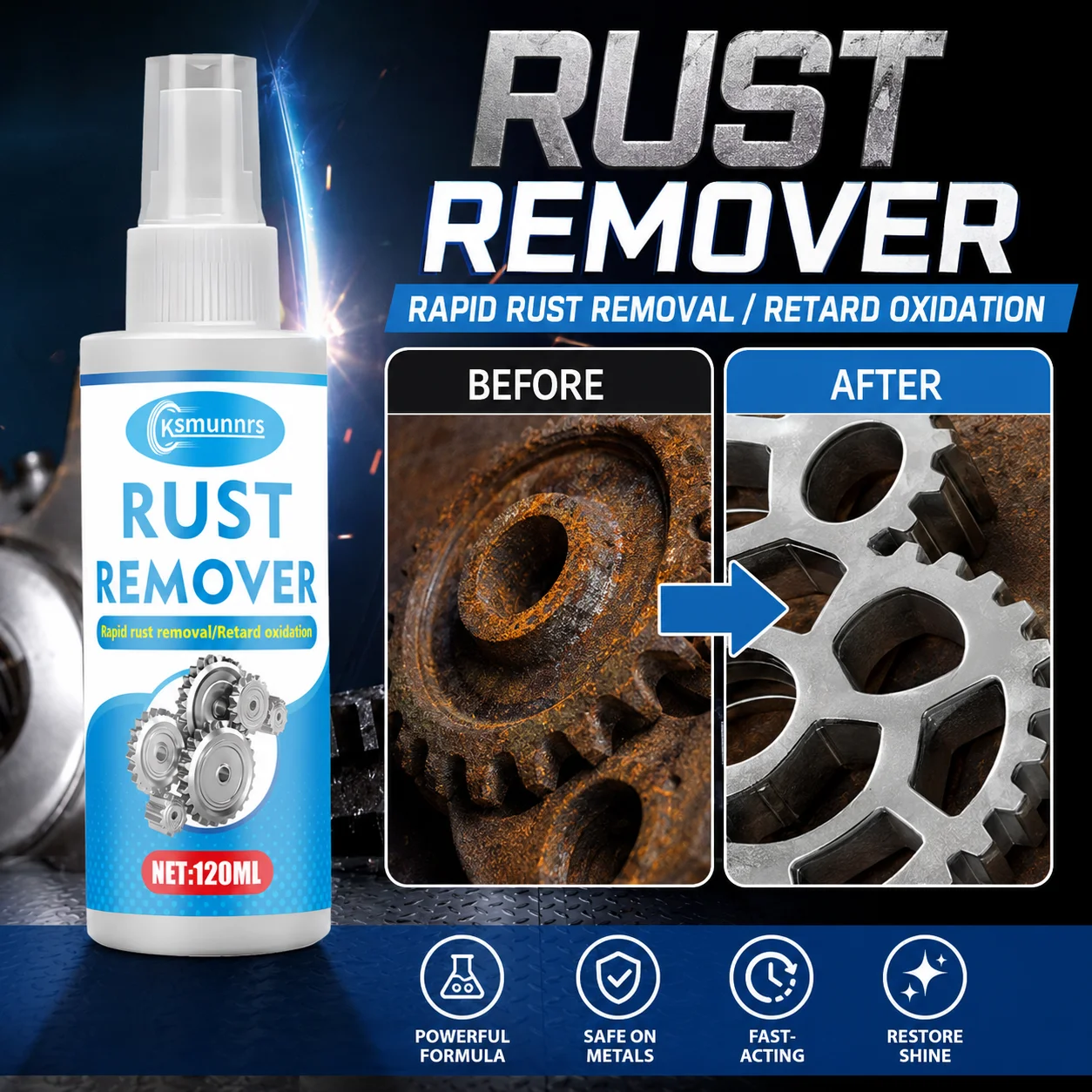 120ml Rust Remover Spray, Rapid Rust Removal, Retard Oxidation, Restore Shine for Gears, Auto Metal Parts