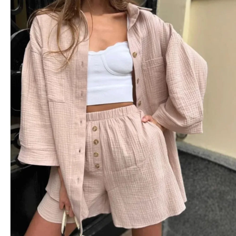 

Woman 2 Piece Set Outfit Casual Temperament Solid Color Cardigan Buttoned Top Fashion Shorts All-match Two Piece Outfits Woman