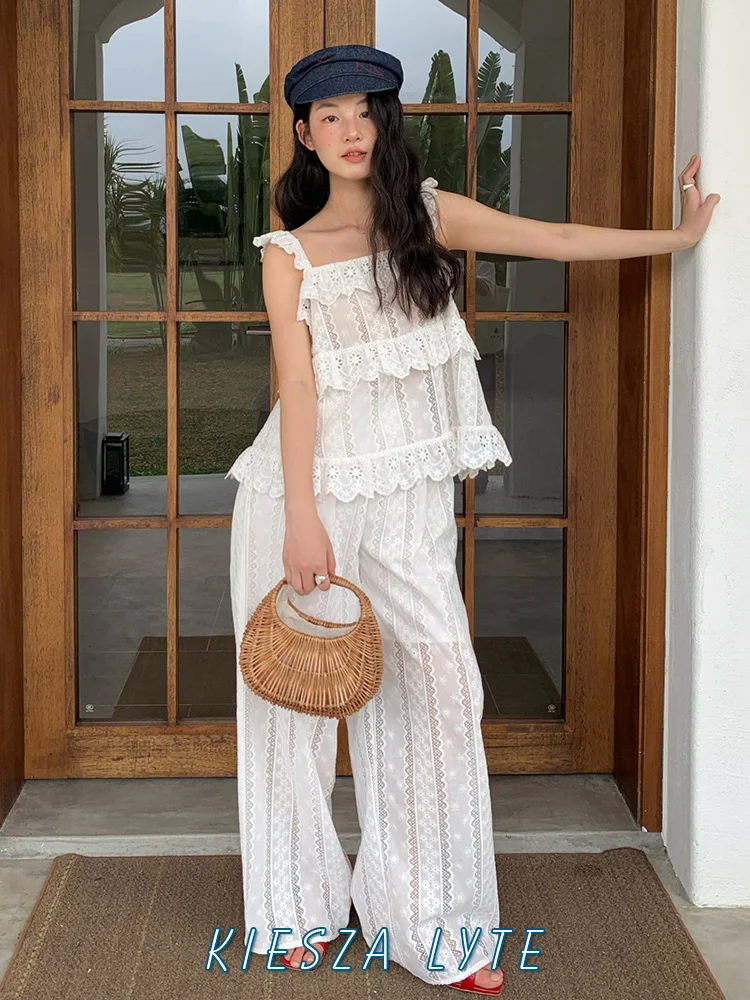 

Fashion Street 2025 Summer Hollow Out Lace Blouse Layered Floral Top High quality High Waist Wide Leg Pants Set Women two Pieces
