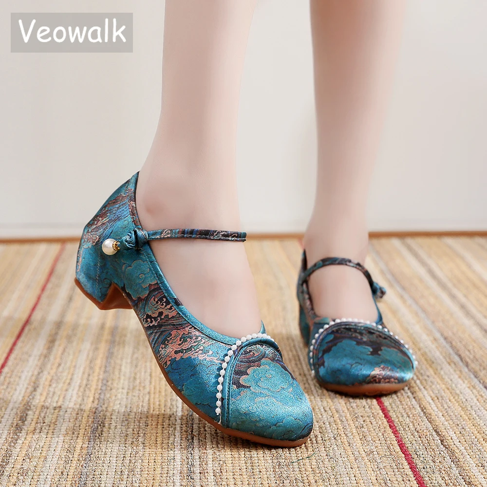 Veowalk Pearls Beading Women Painting Printed Satin Mary Jane Block Heels Shoes Chinese Ladies Comfortable Cheongsam Pumps