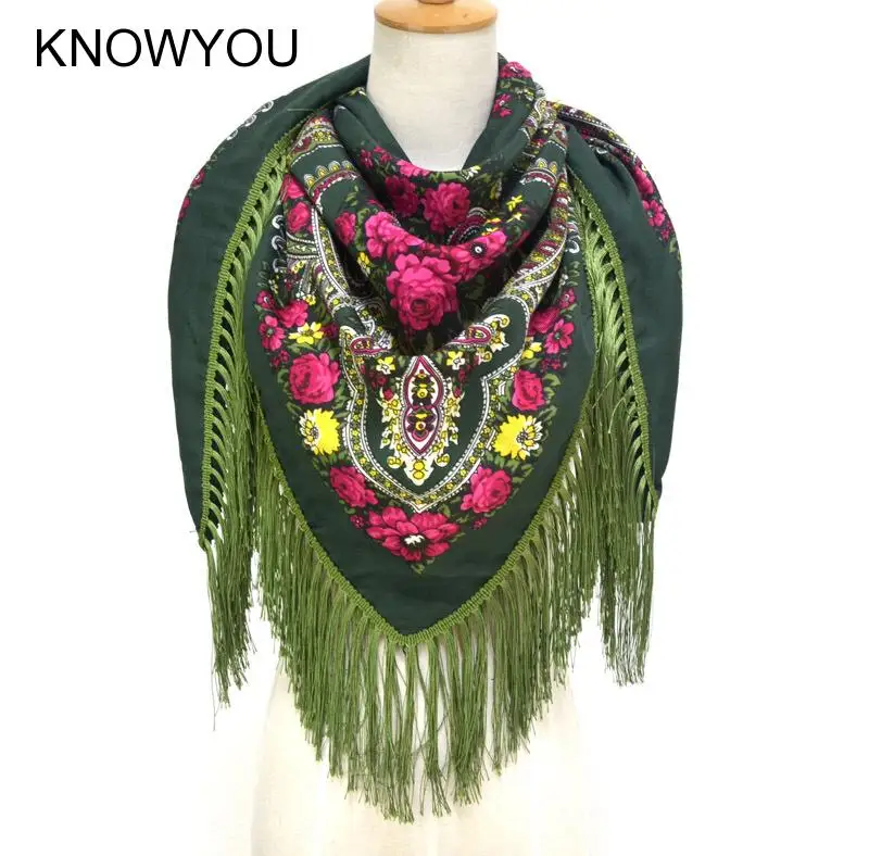 

Russian Ethic Style Scarf Plus Size 135*135Cm Square Pashmina Women Retro Print Floral Wrap and Shawls Fringe Mujer Bufanda